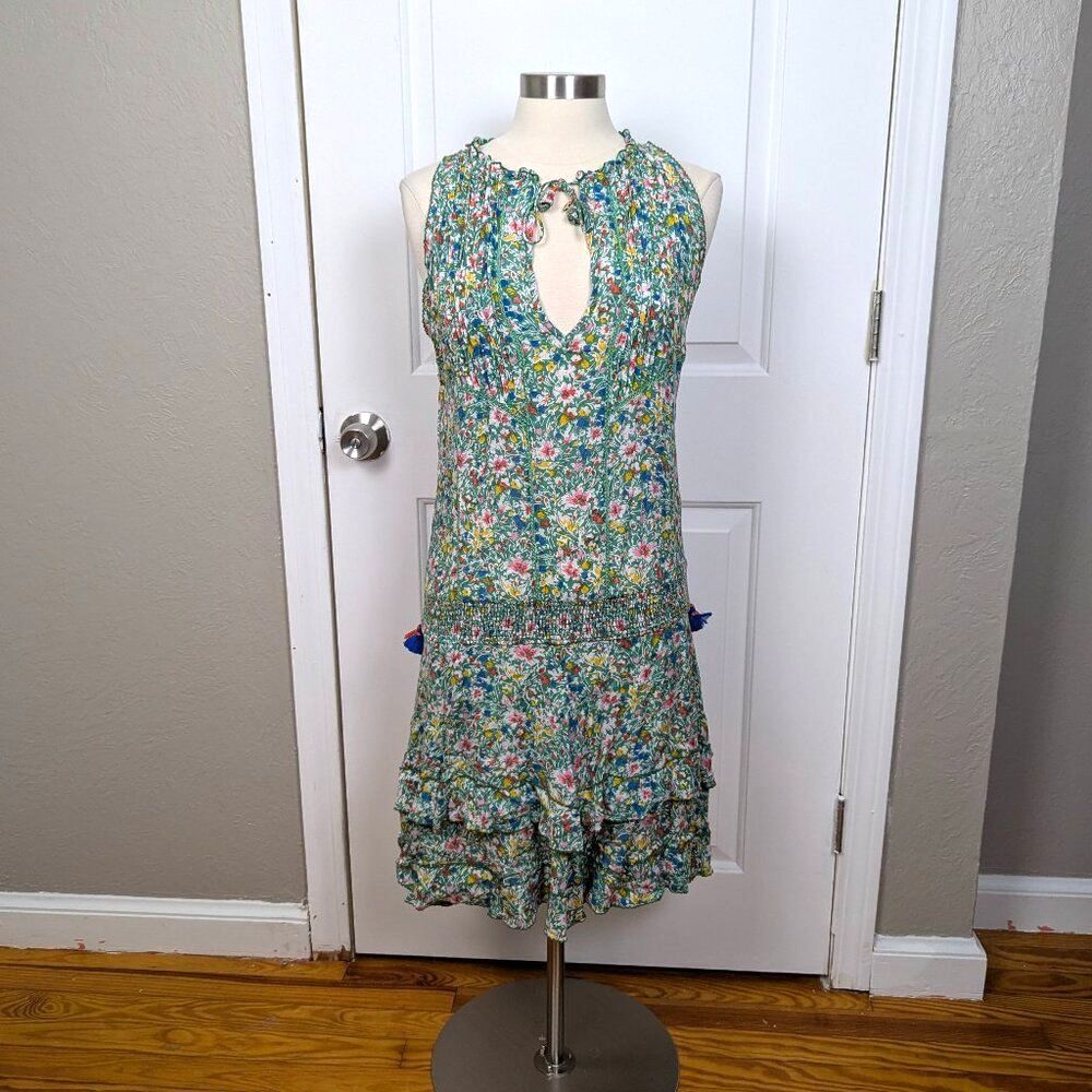 Poupette St Barth | Green Floral Sleeveless Keyhole Mini Dress Tassel Size Mediu
